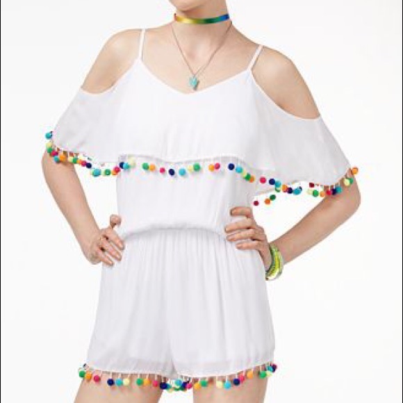 Pants - Rainbow Pom Pom Off The Shoulder Romper w/Belt 🌈